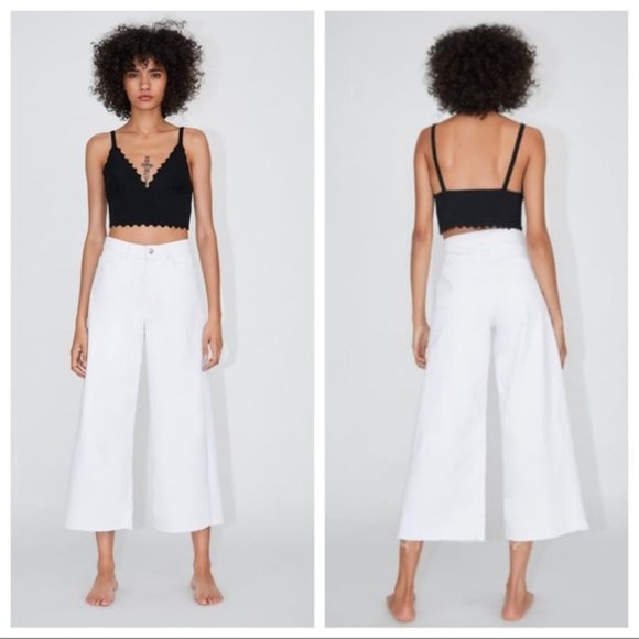 ZARA WHITE HI-RISE CROPPED CULOTTE JEANS
